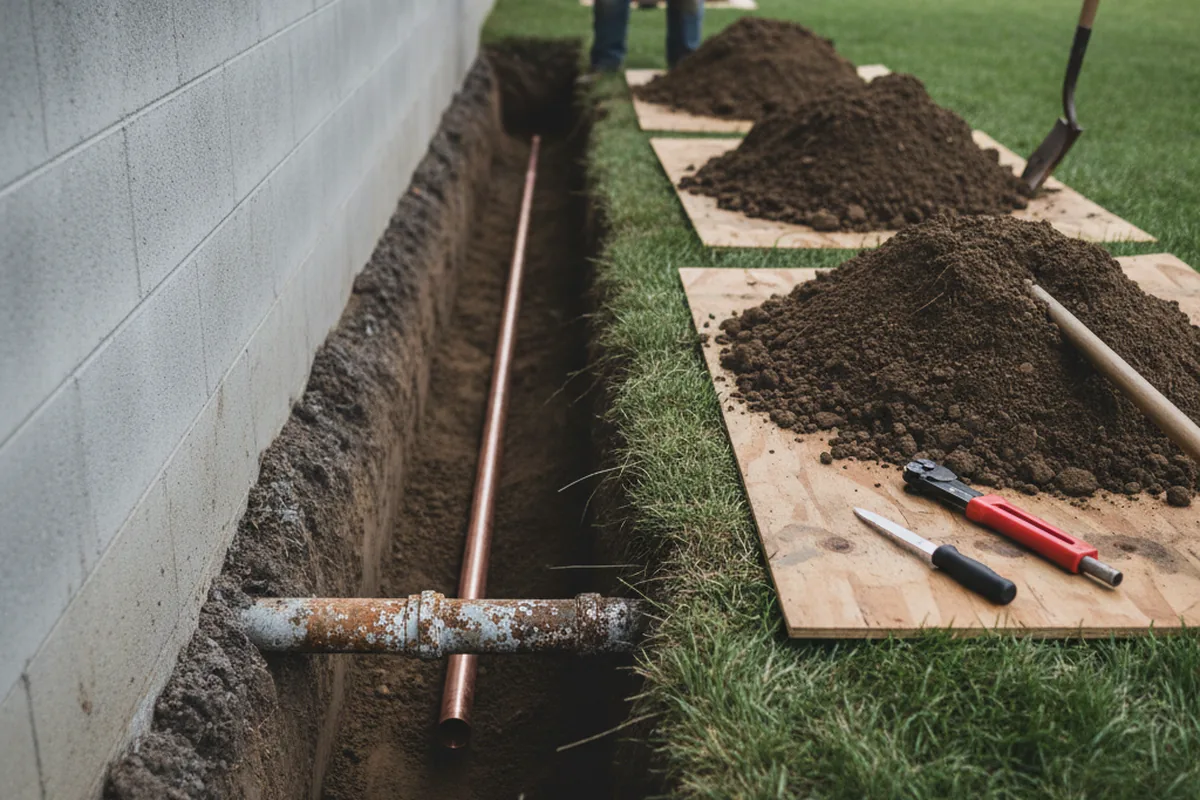 Excavated water line trench during Sewer Line Repair in Arcola
